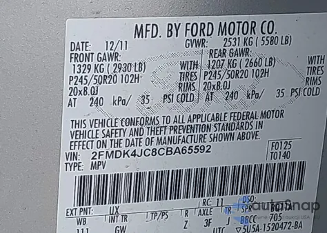 2012 Ford Edge Sel из США, поврежденный, VIN 2FMDK4JC8CBA65592